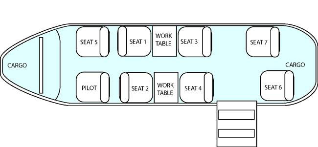 A plane with eight seats and six work tables.