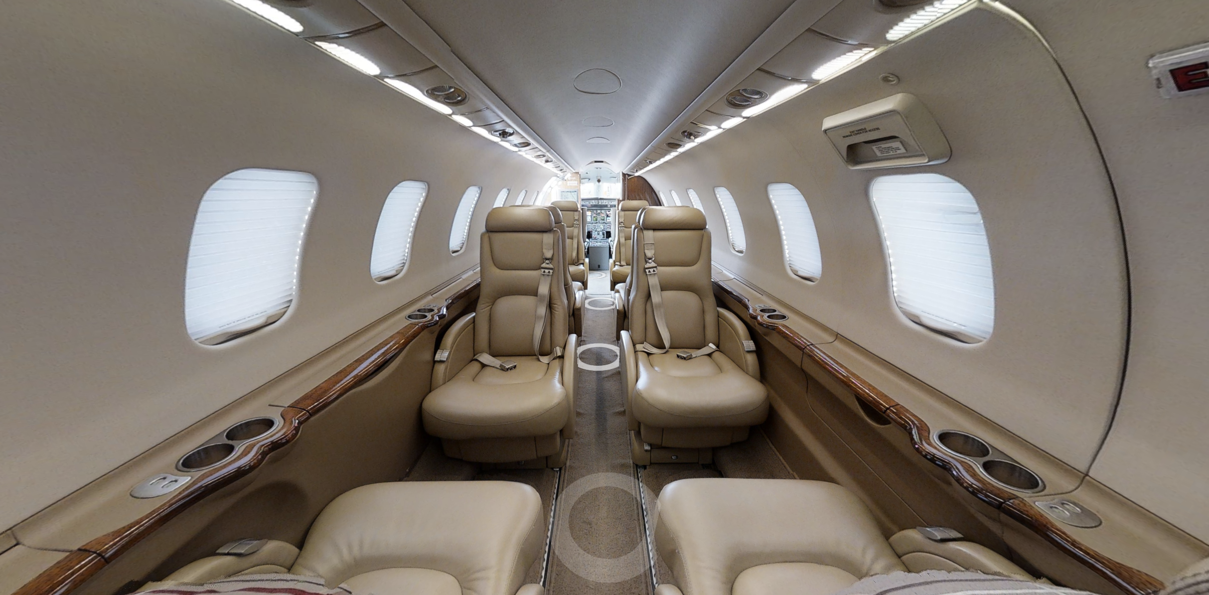 A small airplane with tan seats and white walls.